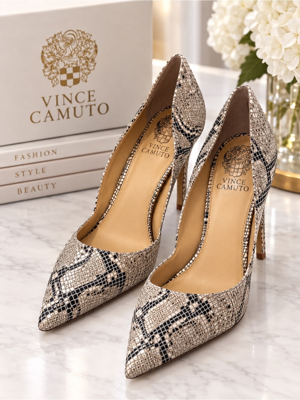 Vince Camuto Metallic Snakeskin Pointed Toe D’Orsay Pumps Heels